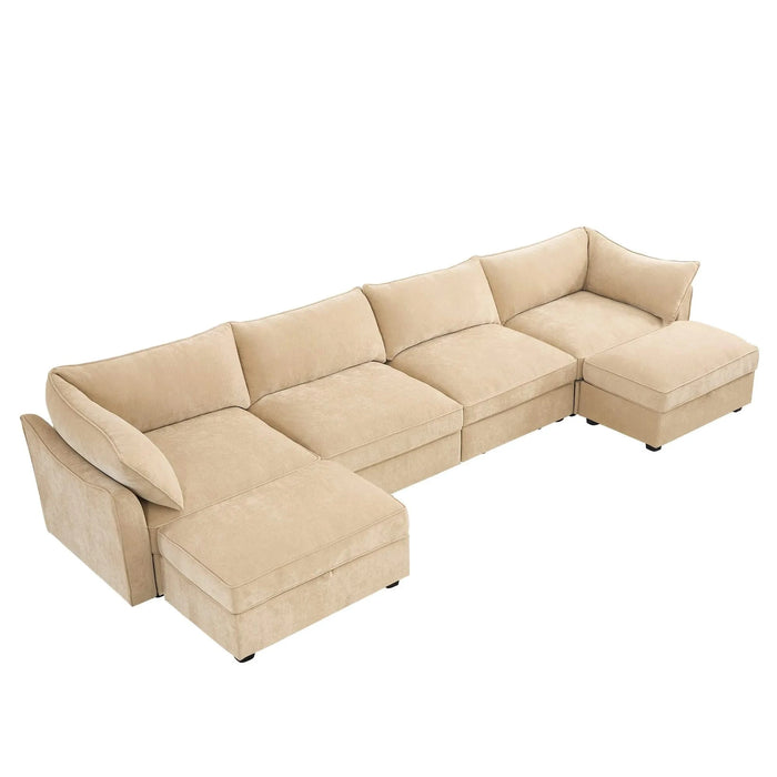 U Shape 4 Seater Deep Seat Sofa Couch with Ottomans,4-Seat Sofa with with 2 Movable Ottomans,, Oversized Modular Sectional Sofa with 6 Seats and Storage Pull out Drawer Under Each Seat,Chenille Wheat -DTYStore
