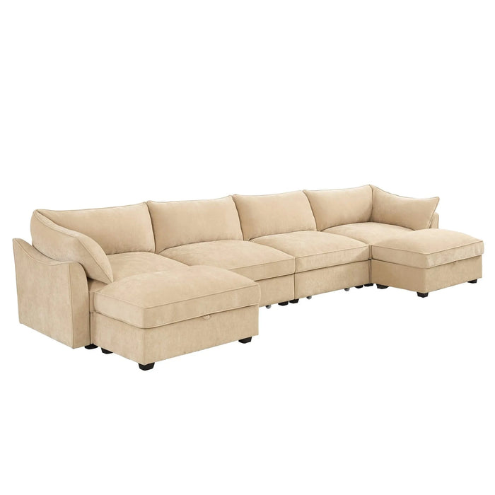 U Shape 4 Seater Deep Seat Sofa Couch with Ottomans,4-Seat Sofa with with 2 Movable Ottomans,, Oversized Modular Sectional Sofa with 6 Seats and Storage Pull out Drawer Under Each Seat,Chenille Wheat -DTYStore