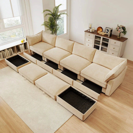 U Shape 4 Seater Deep Seat Sofa Couch with Ottomans,4-Seat Sofa with with 2 Movable Ottomans,, Oversized Modular Sectional Sofa with 6 Seats and Storage Pull out Drawer Under Each Seat,Chenille Wheat -DTYStore