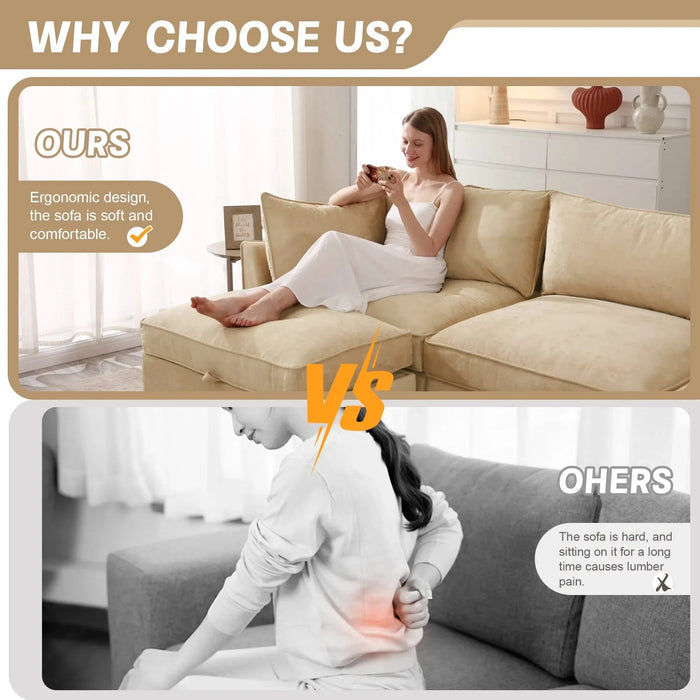 U Shape 4 Seater Deep Seat Sofa Couch with Ottomans,4-Seat Sofa with with 2 Movable Ottomans,, Oversized Modular Sectional Sofa with 6 Seats and Storage Pull out Drawer Under Each Seat,Chenille Wheat -DTYStore