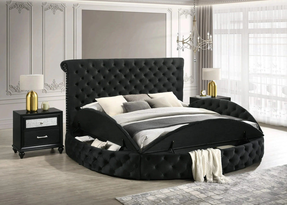 Unique Round Plush Black Velvet Button-Tufted Detailing Storage Bed King Size Black 2x Nightstands Wooden Bedroom Furniture 3pc Set Default -DTYStore