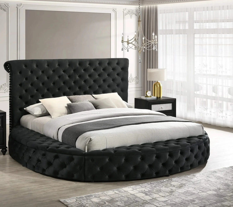 Unique Round Plush Black Velvet Button-Tufted Detailing Storage Bed King Size Black 2x Nightstands Wooden Bedroom Furniture 3pc Set Default -DTYStore