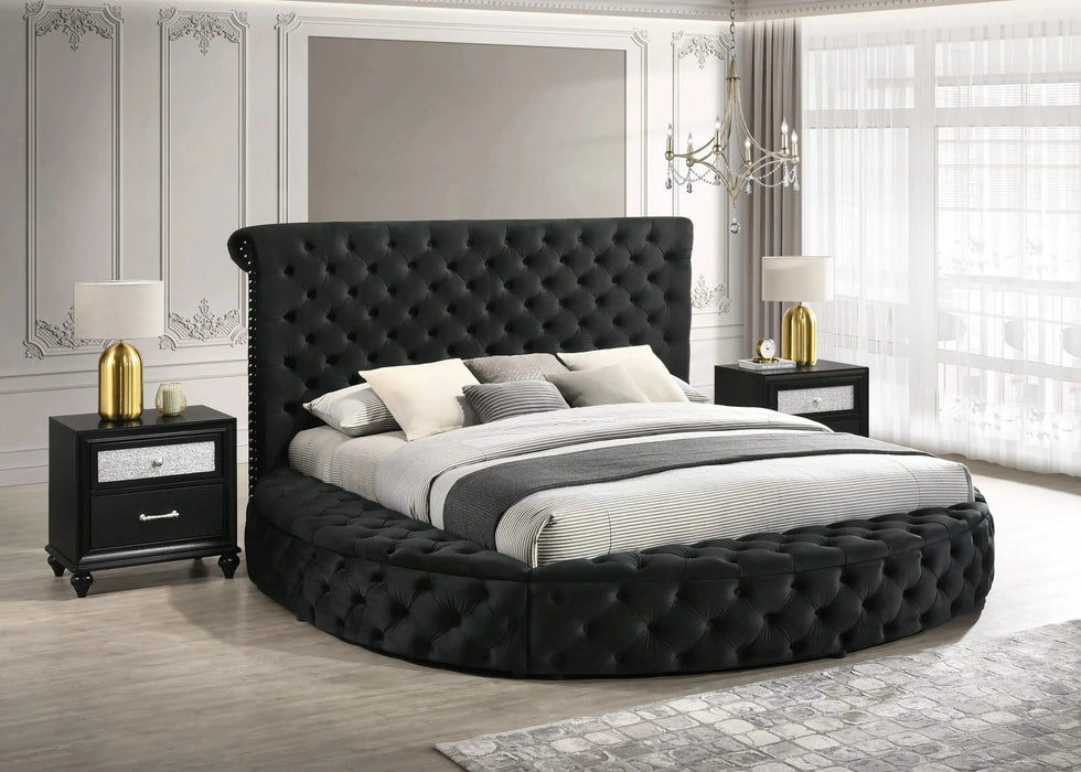 Unique Round Plush Black Velvet Button-Tufted Detailing Storage Bed King Size Black 2x Nightstands Wooden Bedroom Furniture 3pc Set Default -DTYStore