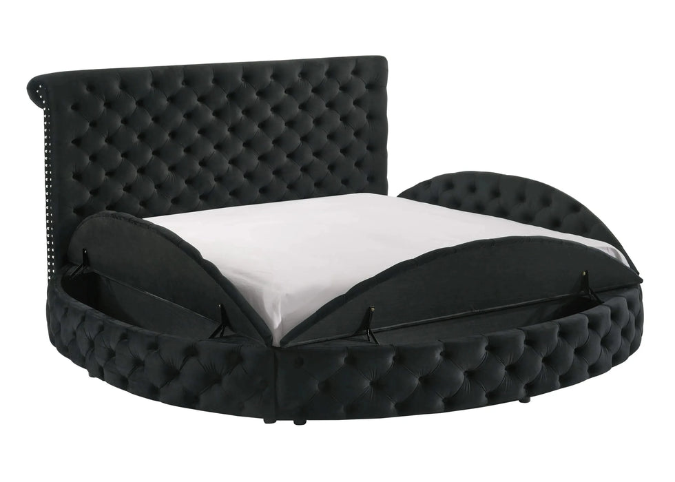 Unique Round Plush Black Velvet Button-Tufted Detailing Storage Bed King Size Black 2x Nightstands Wooden Bedroom Furniture 3pc Set Default -DTYStore