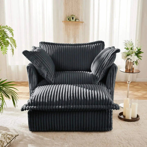 Upholstered Slipcovered Armchair with Ottoman, Deep Seat Armchair W/ Wide Ottoman for Living Room, Armchair Sets with Large Soft Pillows(Set of 2)Corduroy Fabric Gray -DTYStore