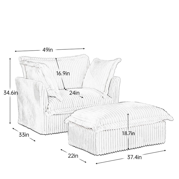 Upholstered Slipcovered Armchair with Ottoman, Deep Seat Armchair W/ Wide Ottoman for Living Room, Armchair Sets with Large Soft Pillows(Set of 2)Corduroy Fabric Gray -DTYStore