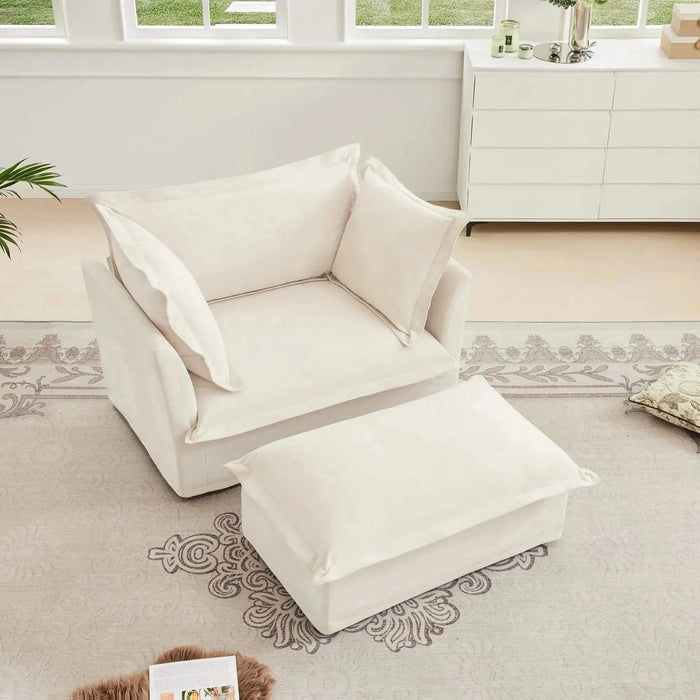 Upholstered Slipcovered Armchair with Ottoman, Deep Seat Armchair W/ Wide Ottoman for Living Room, Armchair Sets with Large Soft Pillows(Set of 2)Corduroy Fabric Cream -DTYStore