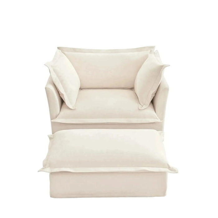 Upholstered Slipcovered Armchair with Ottoman, Deep Seat Armchair W/ Wide Ottoman for Living Room, Armchair Sets with Large Soft Pillows(Set of 2)Corduroy Fabric Cream -DTYStore