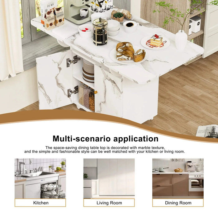 Versatile 47' White Marble MDF Folding Dining Table with Storage Rack and Cabinet, 6 Wheels Default -DTYStore