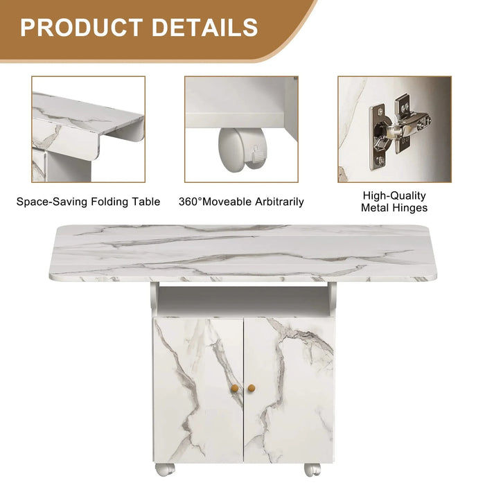 Versatile 47' White Marble MDF Folding Dining Table with Storage Rack and Cabinet, 6 Wheels Default -DTYStore