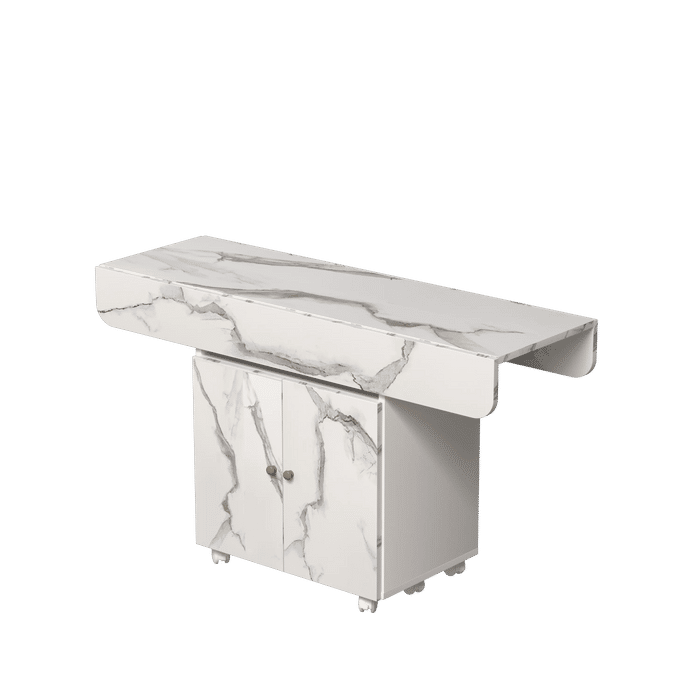 Versatile 47' White Marble MDF Folding Dining Table with Storage Rack and Cabinet, 6 Wheels Default -DTYStore