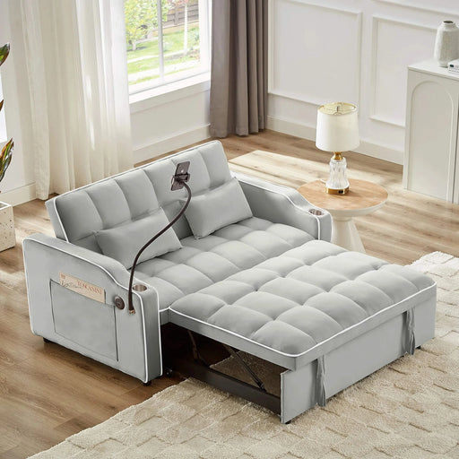 Versatile foldable sofa bed, 3-length modern velvet pull-out with adjustable back & USB Gray 54.72 in. -DTYStore