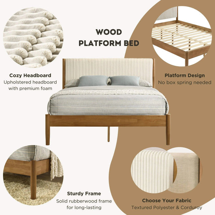 Vichy 2-Piece Rubberwood Corduroy Bedroom Set, Platform Bed with Nightstand, Queen Default -DTYStore