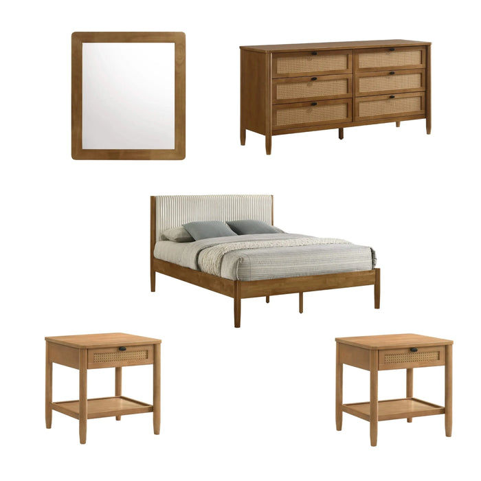 Vichy 5-Piece Rubberwood Bedroom Set with Corduroy Upholstered Queen Bed, Dresser, Mirror, and 2 Nightstands Default -DTYStore