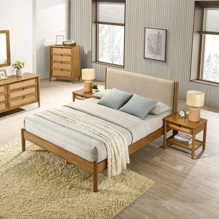 Vichy 6-Piece Rubberwood Bedroom Set with Textured Polyester Upholstered Queen Bed, Dresser, Mirror, Nightstand, and Chest Default -DTYStore