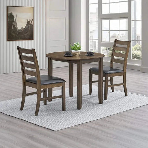 Walnut Finish 3pc Round Dining Set Table and Side Chairs Brown Synthetic Leather Upholstered Wooden Kitchen Furniture Drop Leaf Table Default -DTYStore