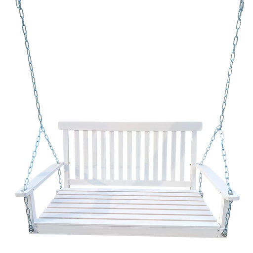White Wooden Porch Swing with Armrests and Hanging Chains for Outdoor Patio or Sunroom Default -DTYStore