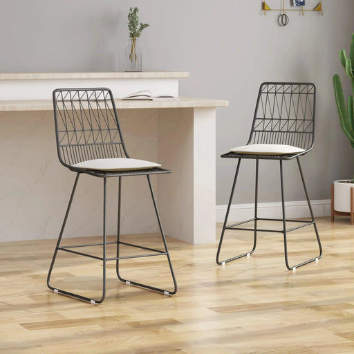 Yearning Iron Counter Stool with Water-resistant Cushion, Black and Ivory Default -DTYStore