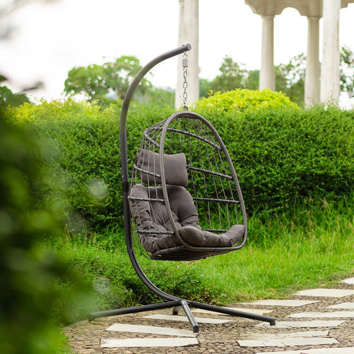 outdoor patio Wicker Hanging Chair Swing Chair Patio Egg Chair UV Resistant Dark grey cushion Aluminum frame Default -DTYStore