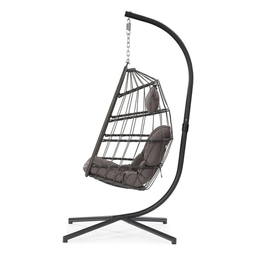 outdoor patio Wicker Hanging Chair Swing Chair Patio Egg Chair UV Resistant Dark grey cushion Aluminum frame Default -DTYStore