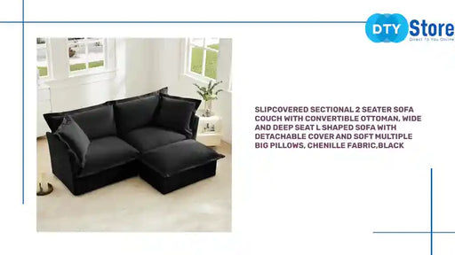 Slipcovered Sectional 2 Seater Sofa Couch with Convertible Ottoman, Wide and Deep Seat L Shaped Sofa with Detachable Cover and Soft Multiple Big Pillows, Chenille Fabric,Black by@Outfy