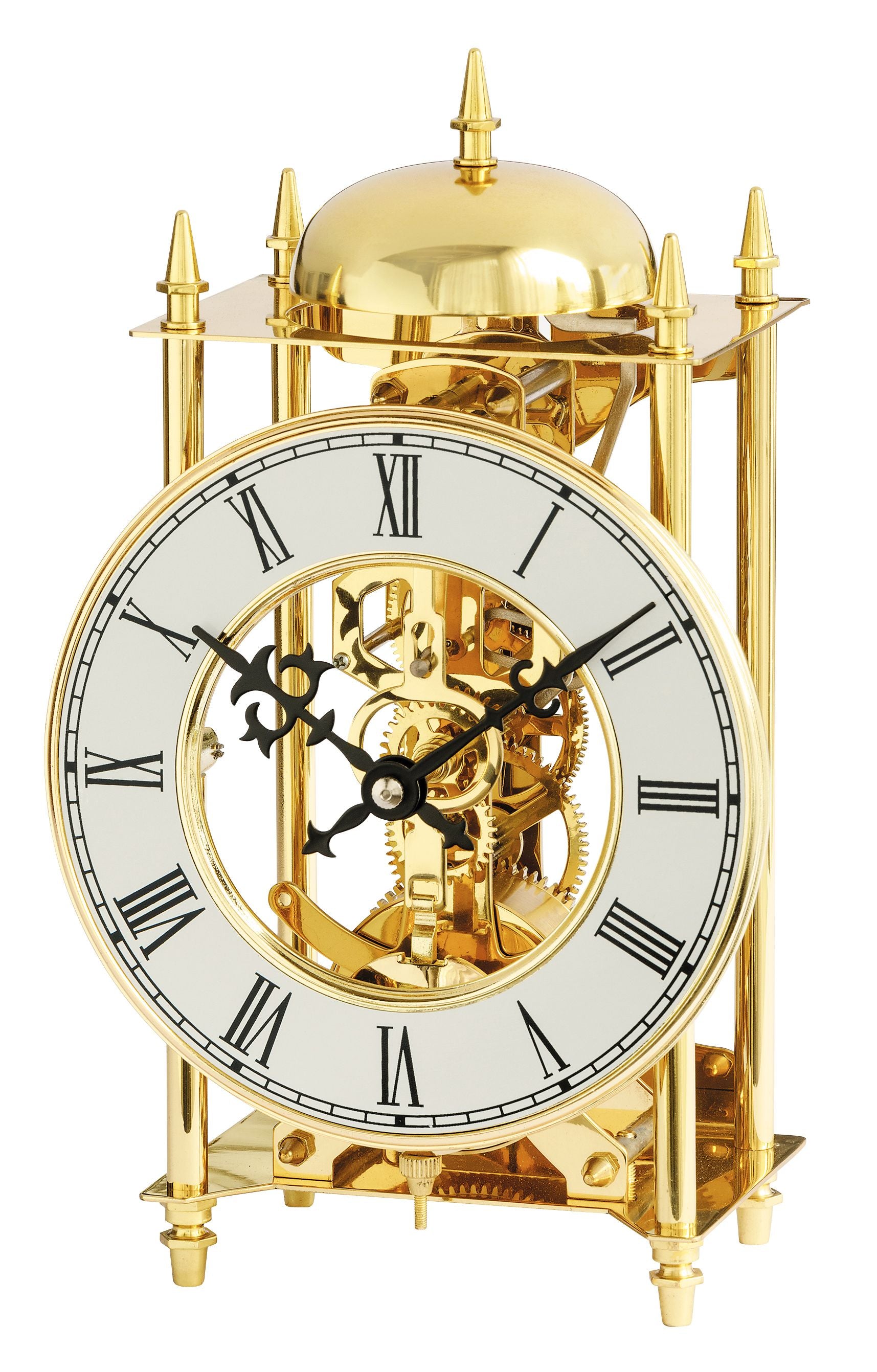 Horloge squelette avec mouvement apparent, finition dorée, chiffres romains