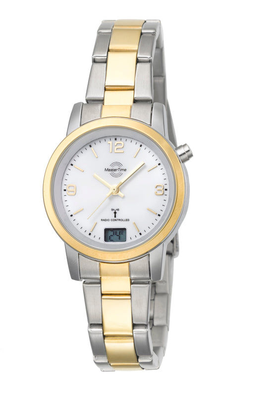 Dwukolorowy zegarek damski z okrągłą białą tarczą i srebrno-złotą metalową bransoletą