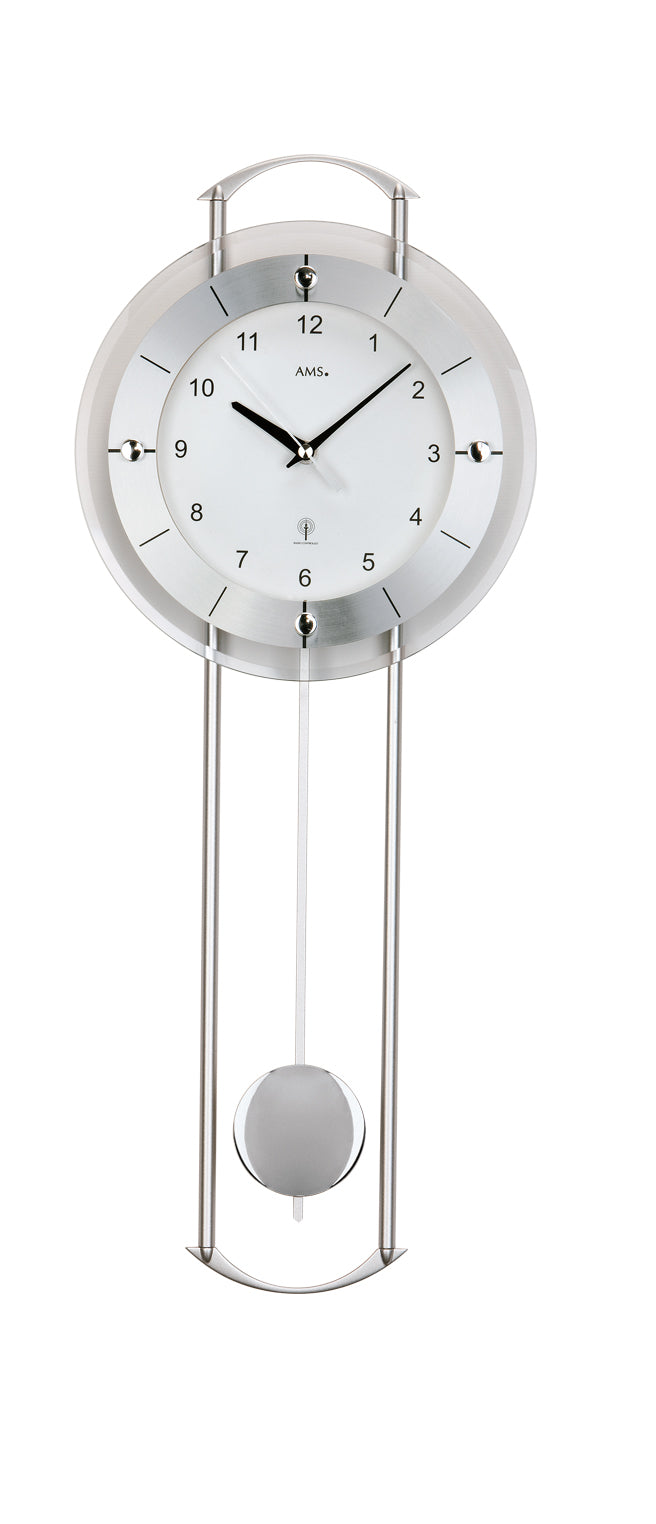 Radio-horloge à balancier avec boîtier argenté et verre minéral, cadran rond