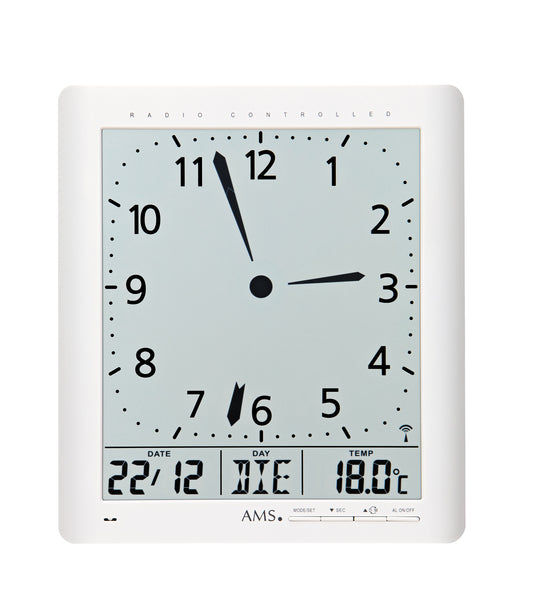 Horloge murale radio-pilotée blanche avec aiguilles analogiques et affichage numérique de la température