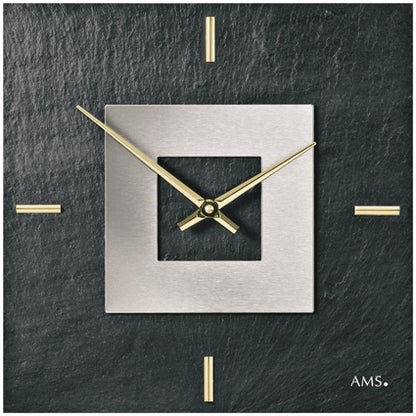 Horloge murale en ardoise naturelle avec cadran carré, aiguilles dorées, anthracite