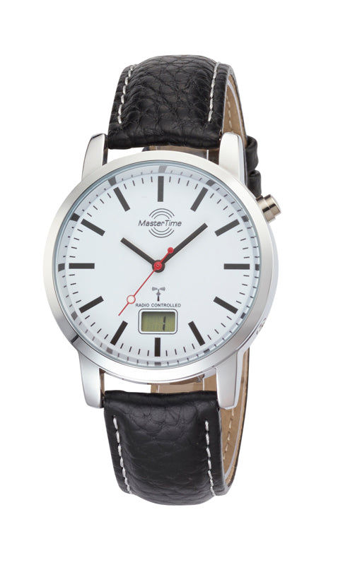 Herrenuhr mit silbernem Ziffernblatt, roten Zeigern und schwarzem Lederband