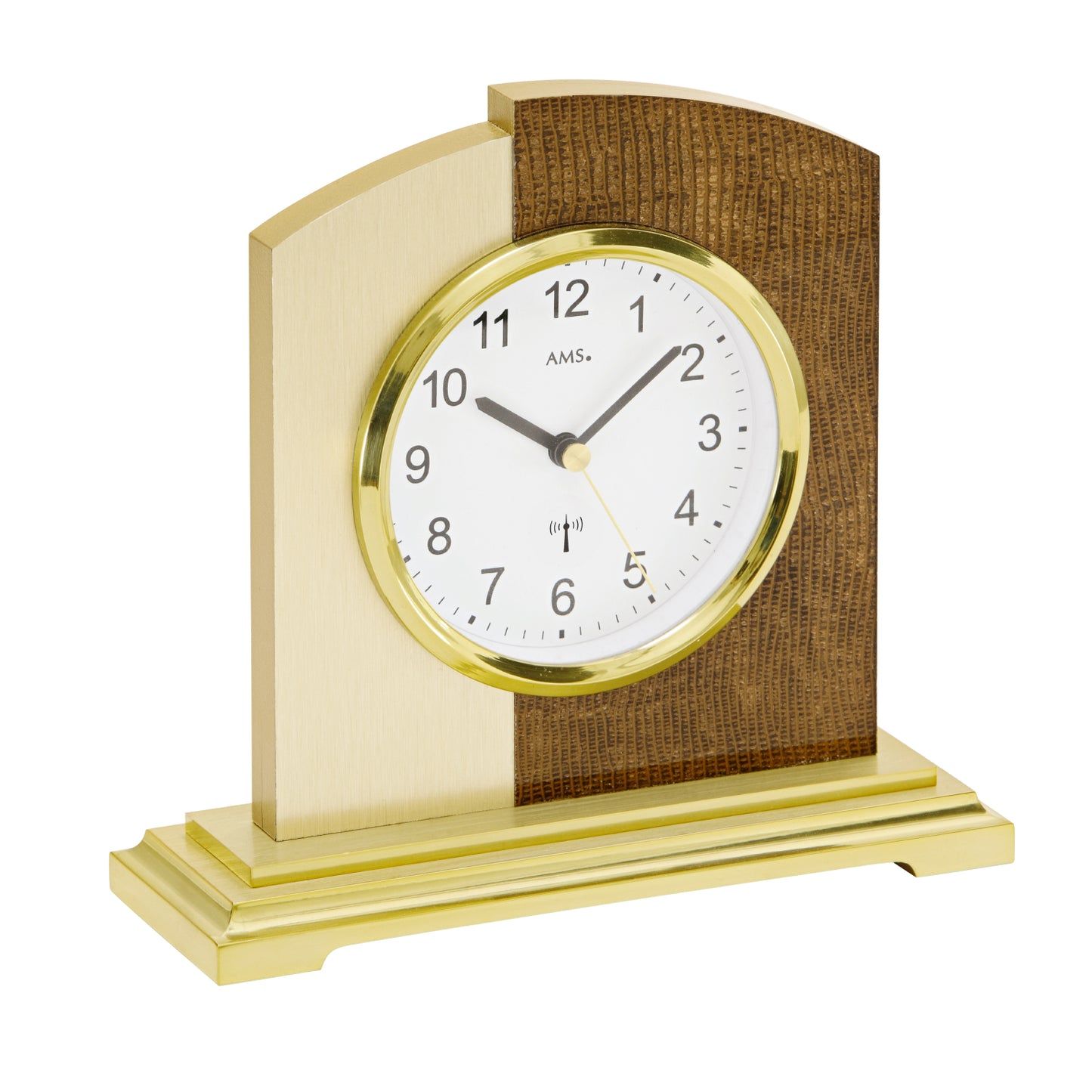 Horloge de table avec cadran rond blanc, bordure dorée et boîtier en similicuir