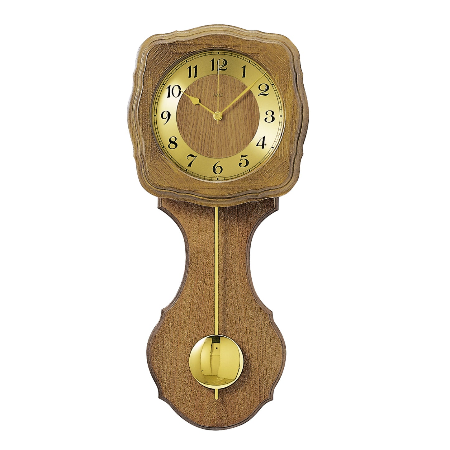 Pendule en chêne avec cadran rond et balancier sphérique visible en bas.
