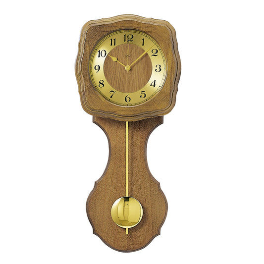 Pendule en chêne avec cadran rond et balancier sphérique visible en bas.