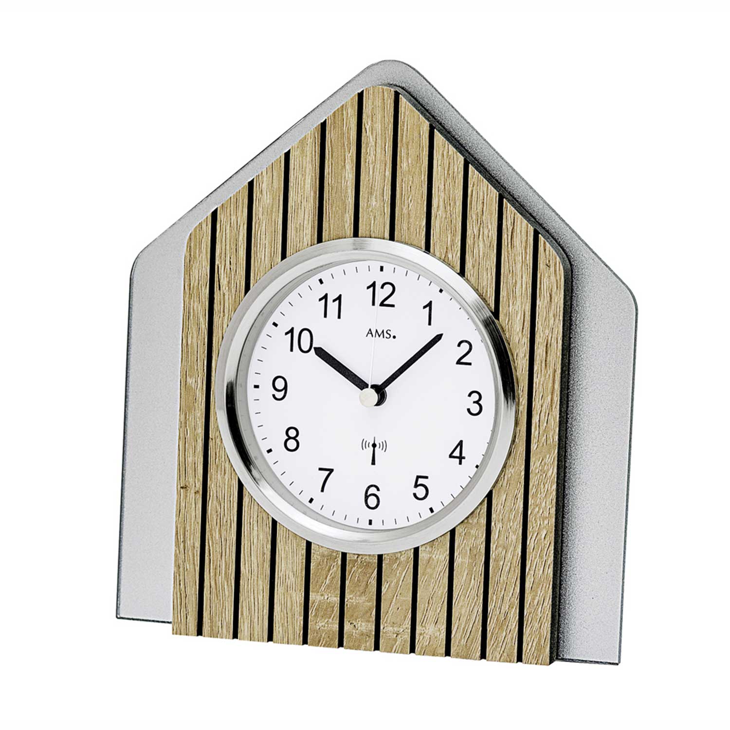 Horloge de table AMS avec boîtier en bois Sonoma et cadran rond blanc, lunette argentée