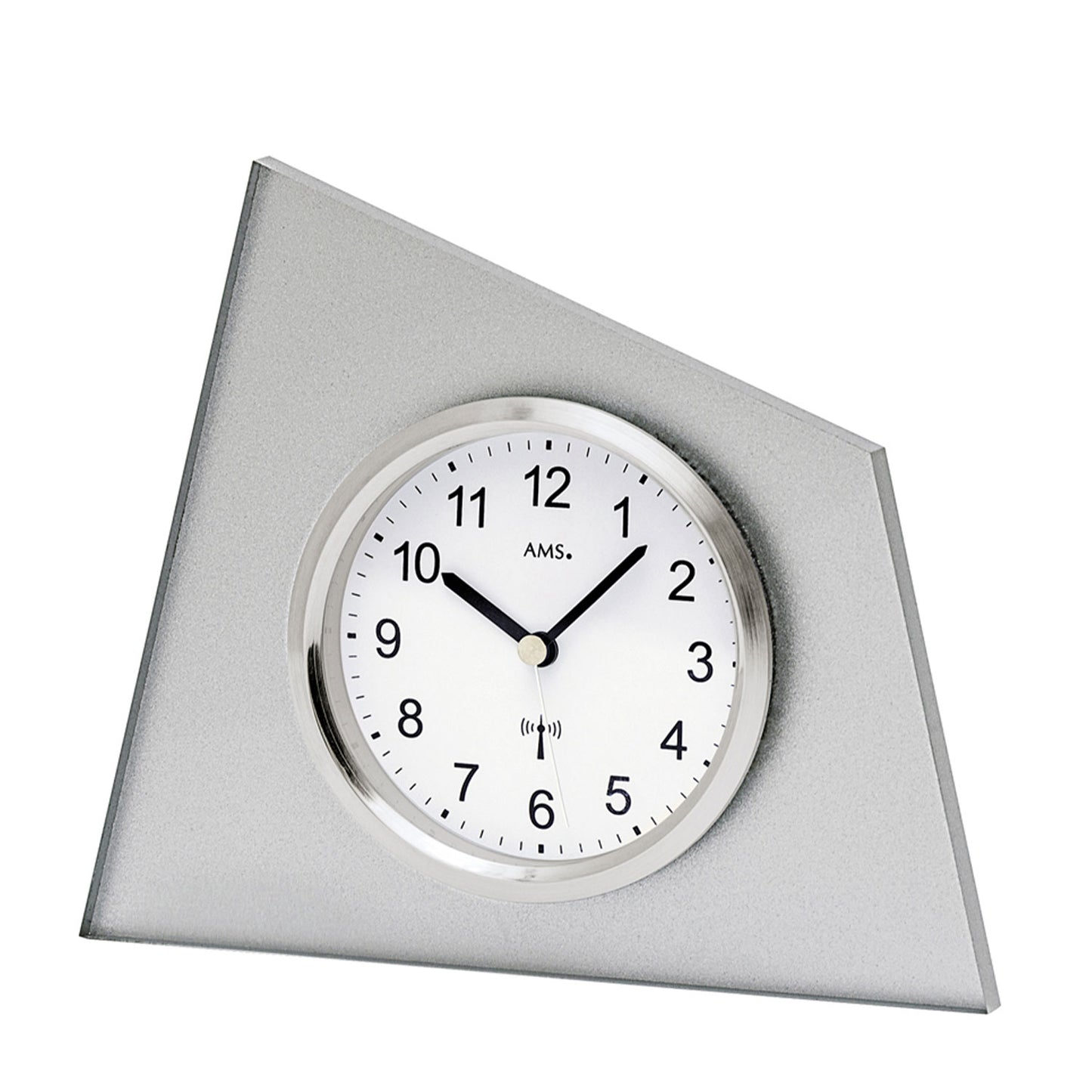 Horloge de table AMS avec façade en aluminium argenté et cadran rond avec affichage des minutes