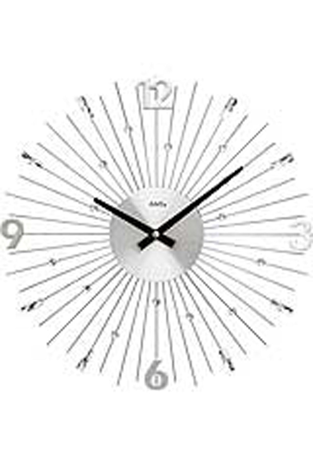 Horloge murale argentée avec chiffres romains et tiges métalliques en forme d'étoile, mouvement à quartz