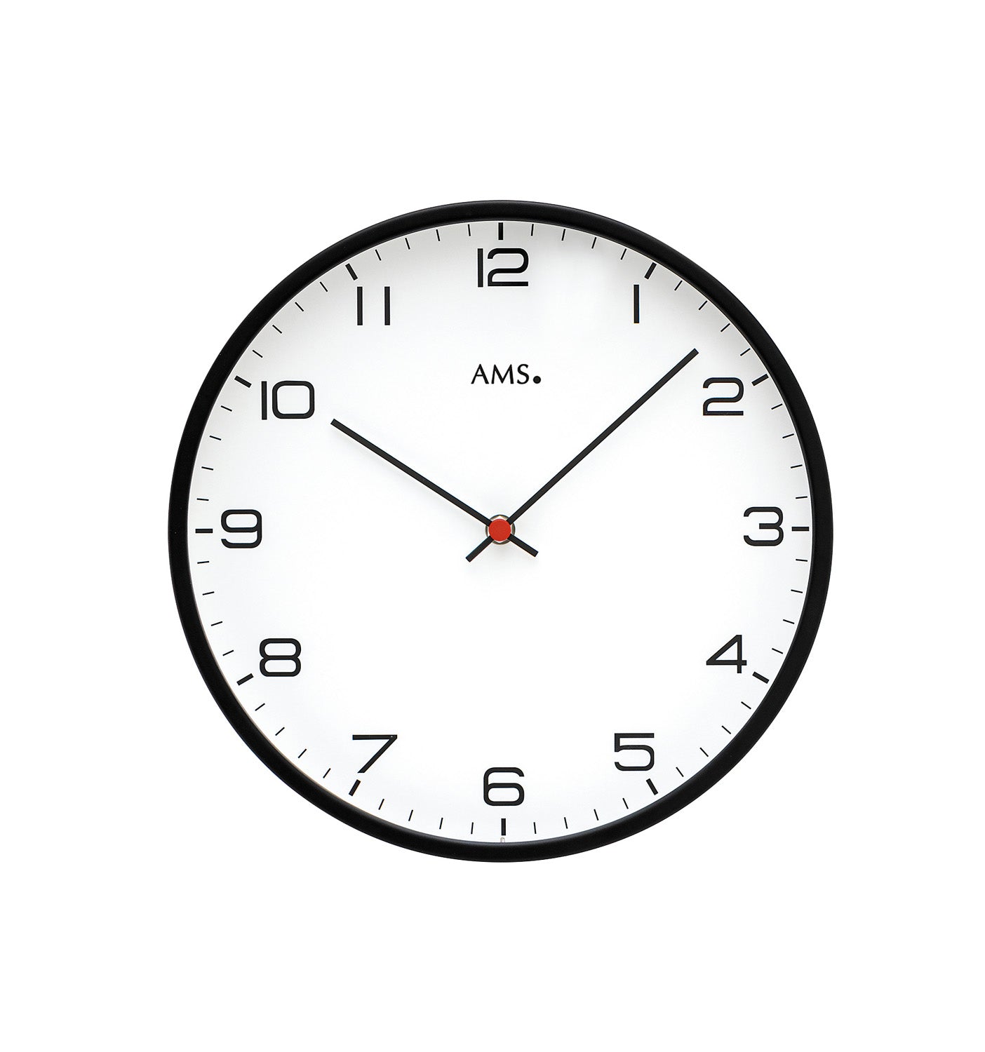 Horloge murale noire avec boîtier en métal, cadran et aiguilles blancs, verre minéral