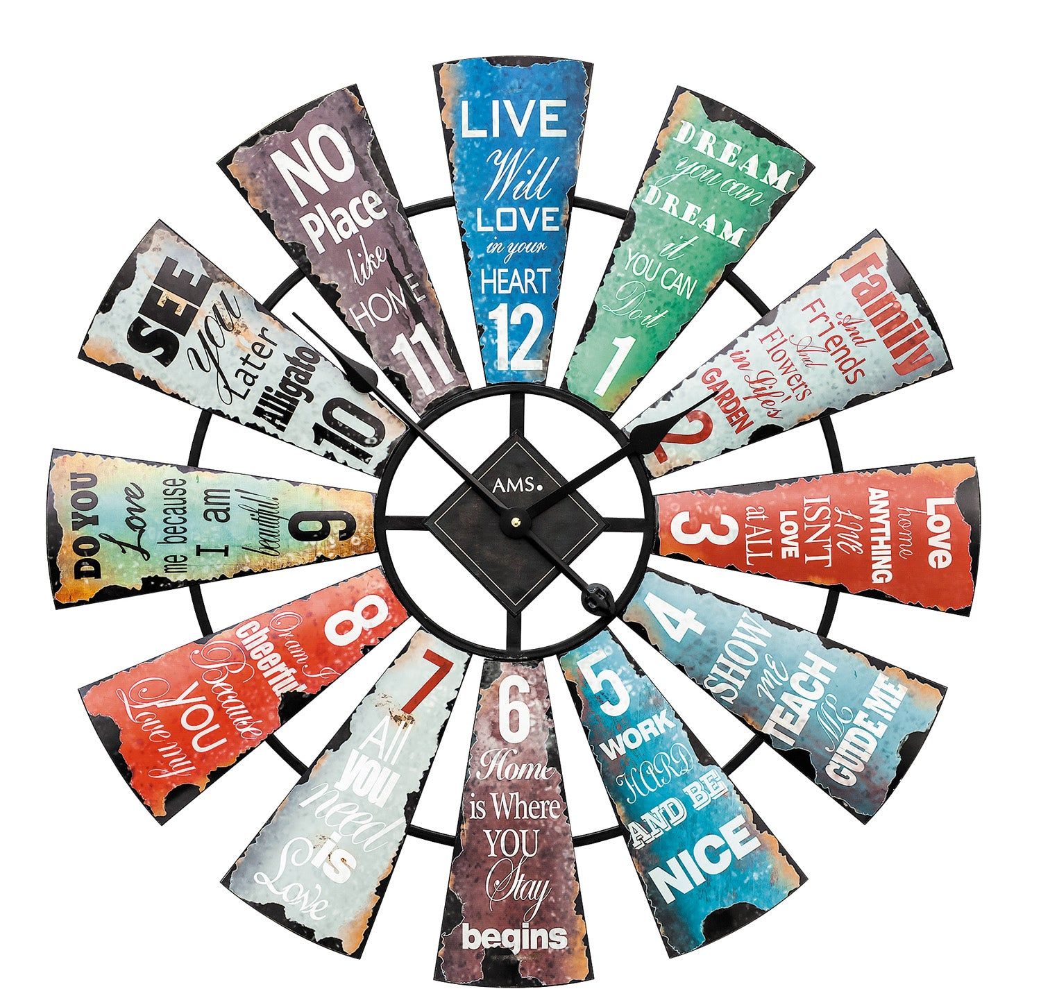Horloge murale AMS avec cadran coloré et boîtier rond en métal, mouvement à quartz