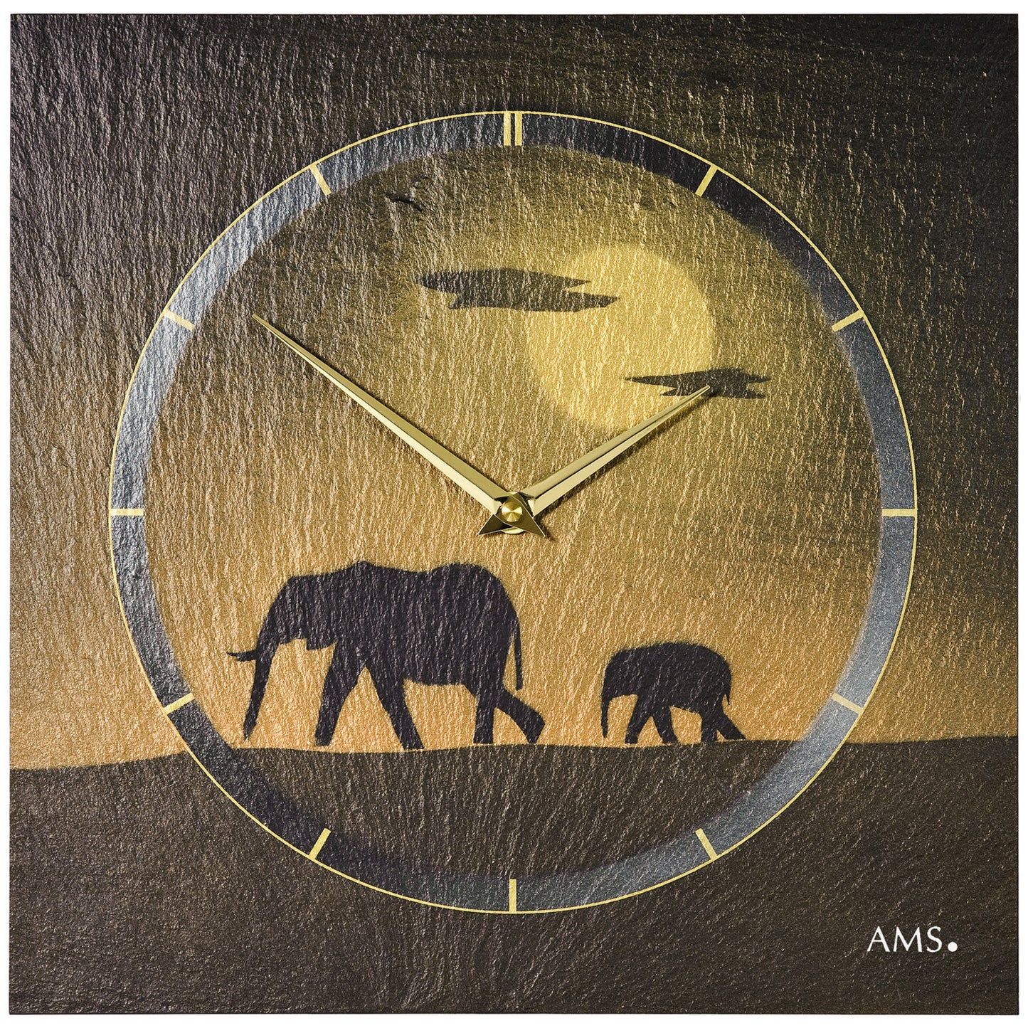 Horloge murale ronde en ardoise naturelle avec motif éléphant, cadran et aiguilles dorés
