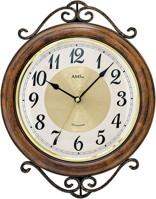 Horloge murale AMS avec cadre en bois marron, cadran rond et chiffres romains