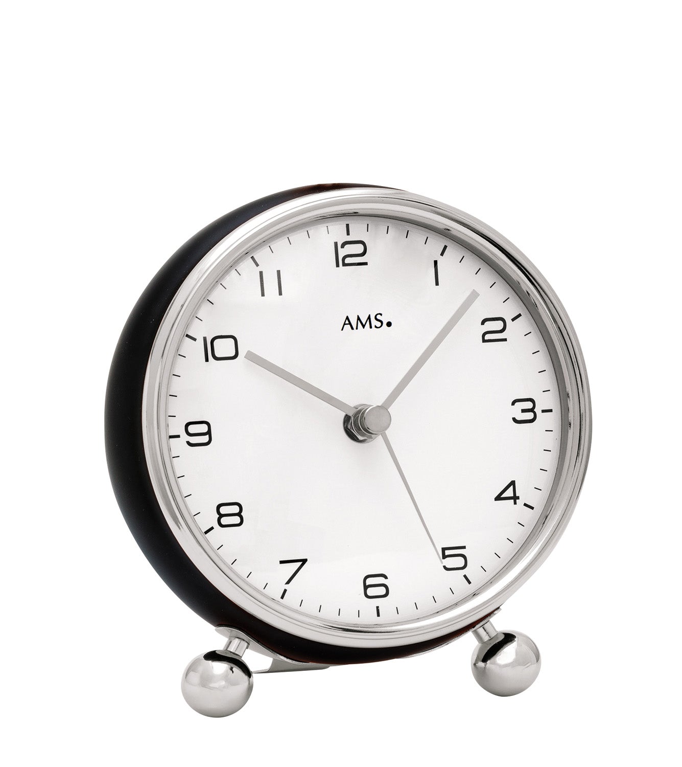 Horloge de table ronde avec cadre noir, boîtier argenté et cadran blanc