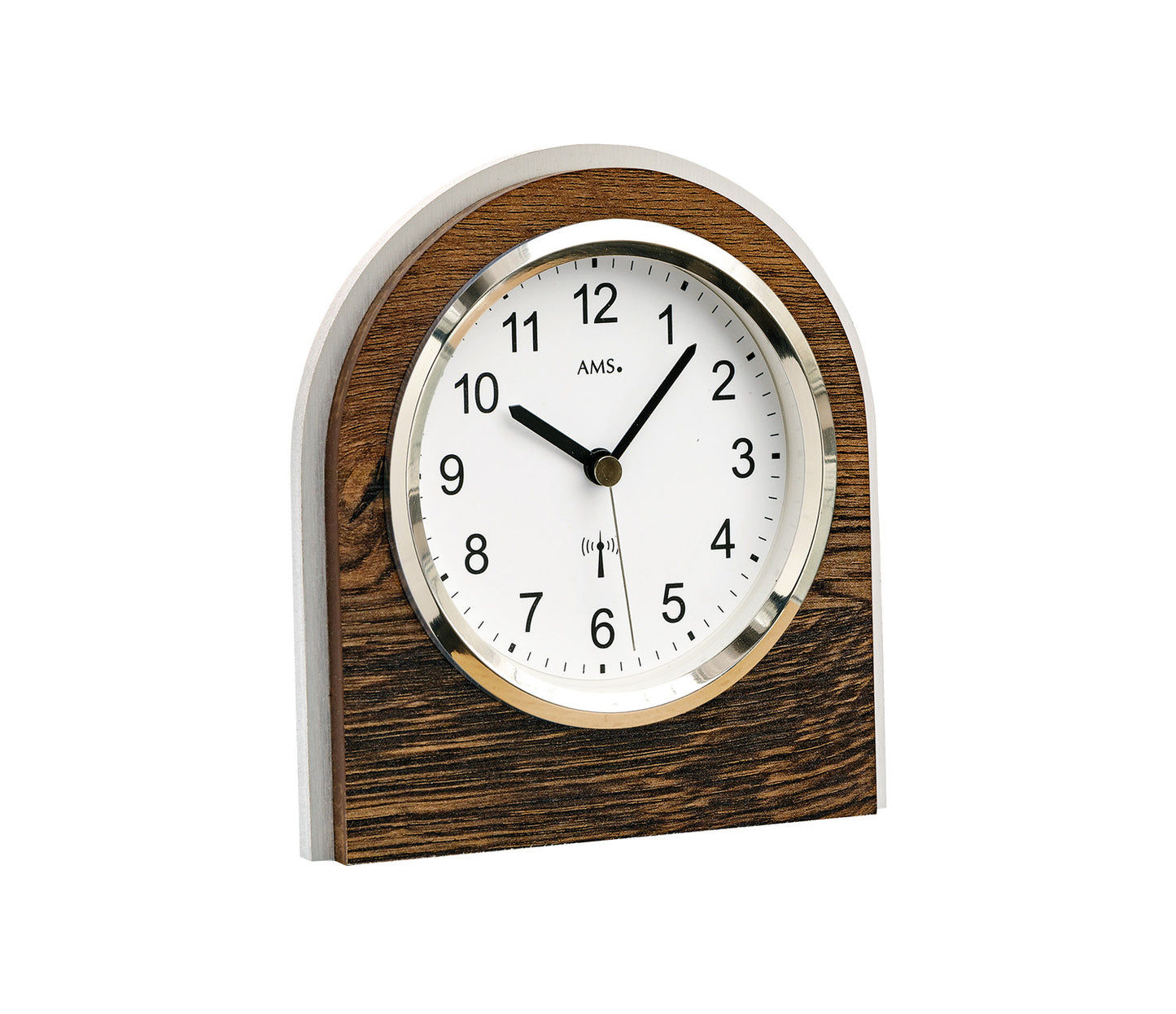 Horloge de table : cadre en bois de chêne sauvage, cadran blanc rond, aiguilles noires.