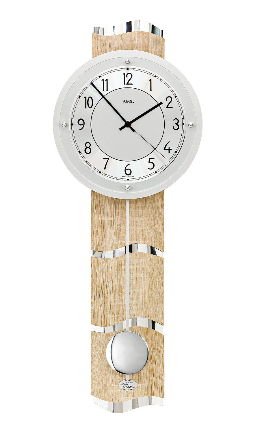 Horloge murale radio-pilotée avec balancier en bois, cadre en aluminium, cadran rond et verre minéral