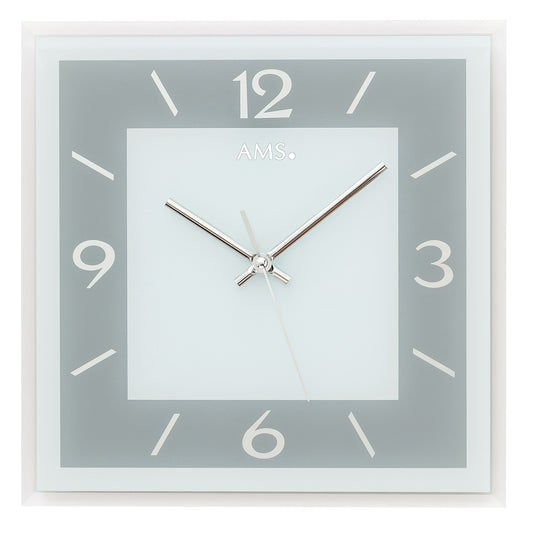 Horloge murale AMS avec cadran bleu-gris, aiguilles argentées et cadre carré en verre