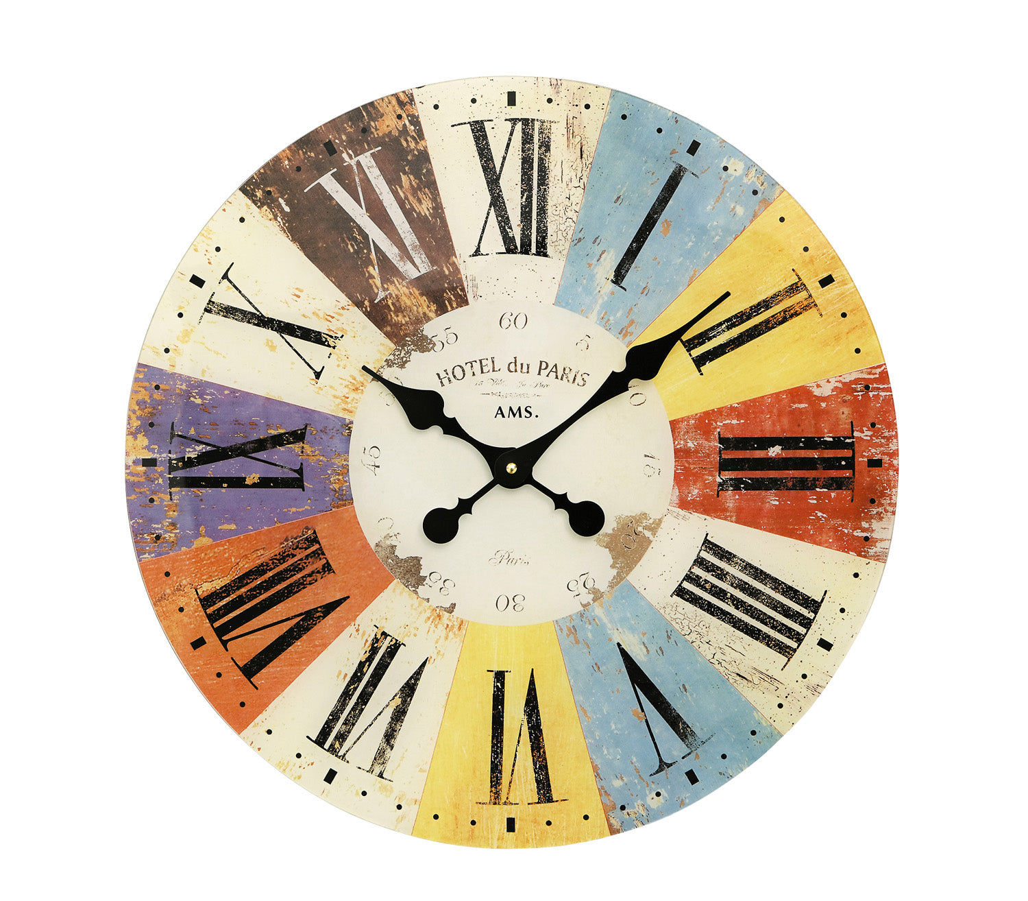 Horloge murale AMS en verre minéral imprimé, ronde, avec chiffres romains et aiguilles noires