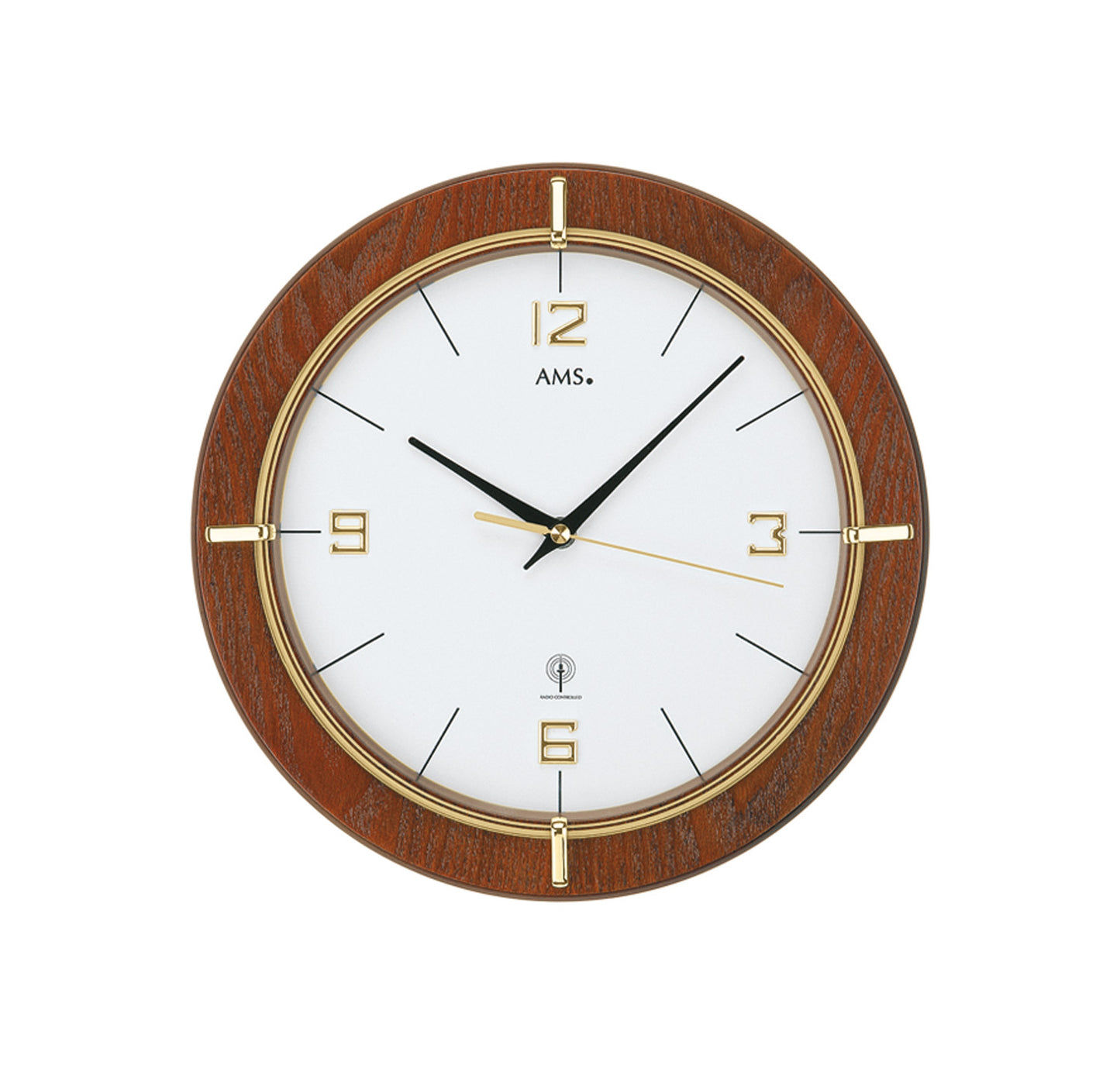 Horloge murale AMS avec cadre couleur noyer, cadran blanc et chiffres dorés