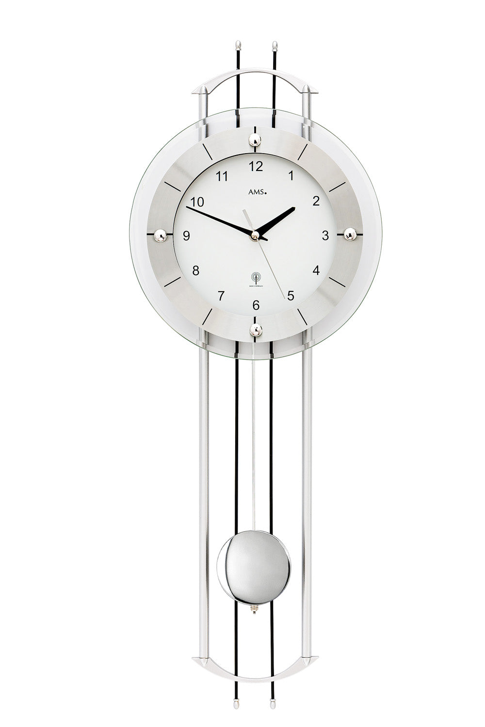 Horloge murale argent et noir avec cadran rond et balancier en métal
