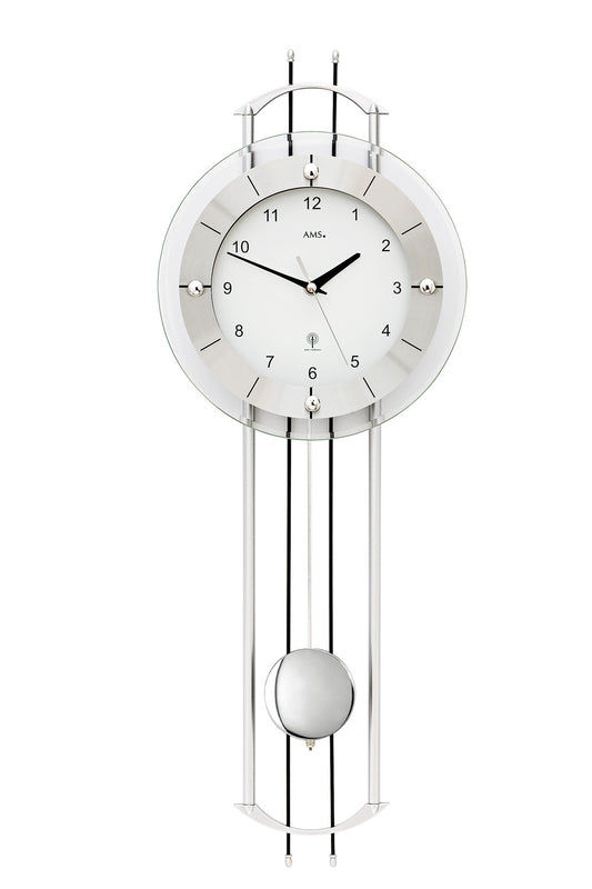 Horloge murale argent et noir avec cadran rond et balancier en métal