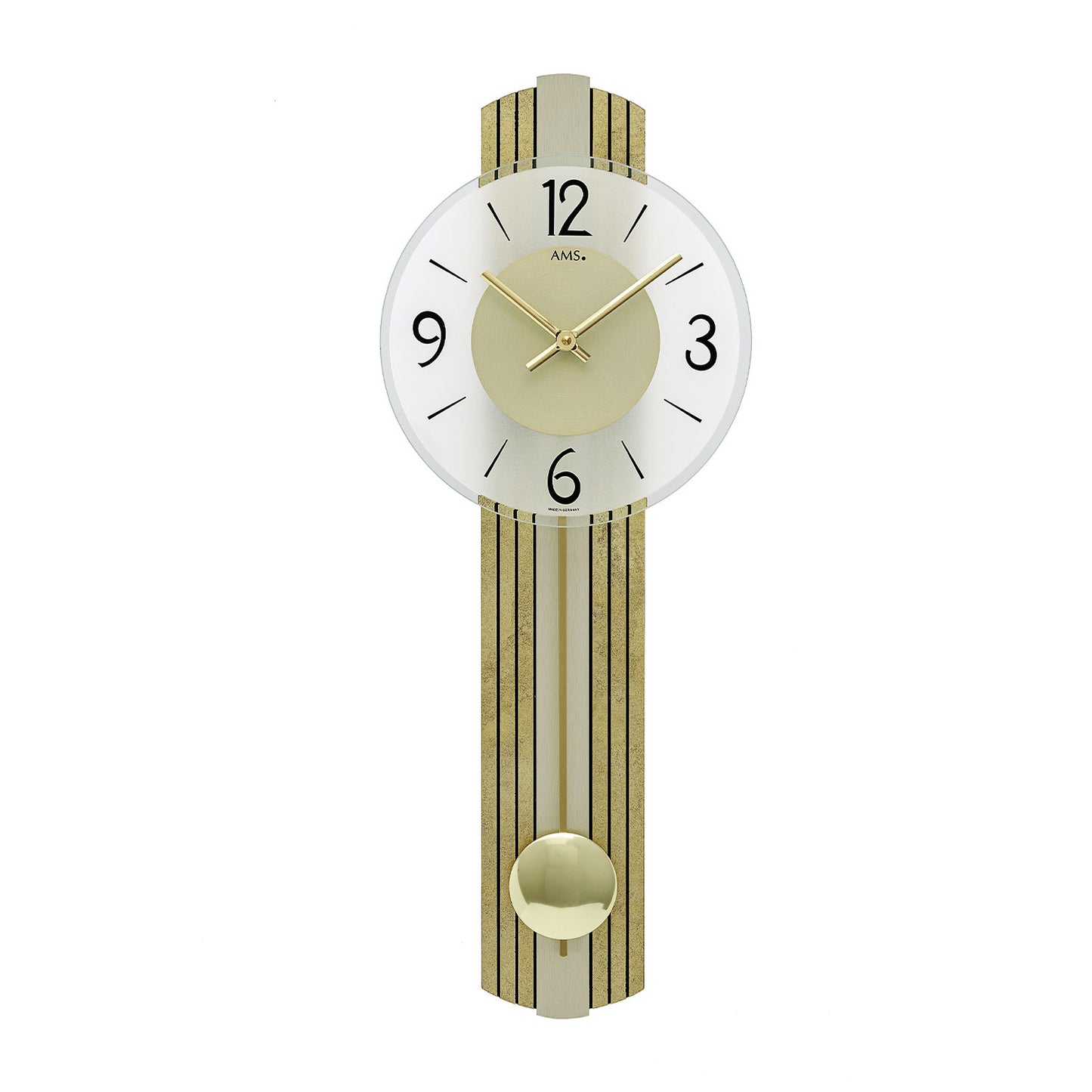 Horloge murale AMS avec cadran rond blanc, aiguilles dorées et bande de pendule